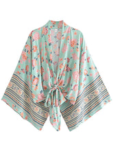Load image into Gallery viewer, Bohemian Kimono, Boho Bikini Cover-ups,Green Stripe Floral