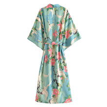 Load image into Gallery viewer, Boho Green Crane & Floral Print Kimono | Rayon Beach Cover-up & Robe