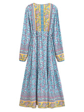 Load image into Gallery viewer, Blue Floral Print ,Bohemian Maxi Dress,Boho Dress