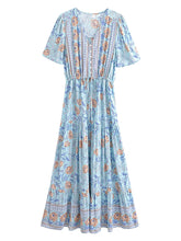 Load image into Gallery viewer, Blue Floral Print,Bohemian Maxi Dress, Boho Dress