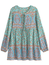 Load image into Gallery viewer, Green Floral Print ,Bohemian Mini Dress,Boho Dress