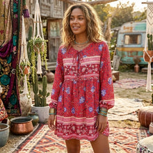Load image into Gallery viewer, Bohemian Floral Print Mini Dress - Long Sleeve V-Neck Flowy Summer Tunic