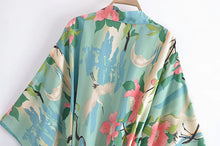 Load image into Gallery viewer, Boho Green Crane & Floral Print Kimono | Rayon Beach Cover-up & Robe
