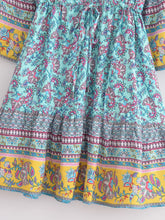 Load image into Gallery viewer, Blue Floral Print, Bohemian Mini Dress, Beach Boho Dress