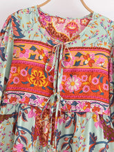 Load image into Gallery viewer, Green Floral Peacock,Bohemian Mini Dress,Boho Dress
