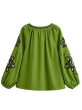 Load image into Gallery viewer, Vintage Floral Embroidered Cotton Linen Blouse - Boho Tassel Tie Neck Puff Sleeve Top