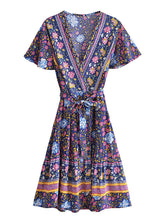 Load image into Gallery viewer, Green Wild Floral-Wrap Boho Mini Dress