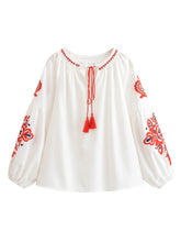 Load image into Gallery viewer, Vintage Floral Embroidered Cotton Linen Blouse - Boho Tassel Tie Neck Puff Sleeve Top