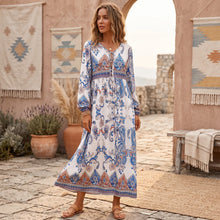 Load image into Gallery viewer, Vintage Floral Printed Women Tie Neck Lantern Sleeve Beach Holiday Maxi Dress