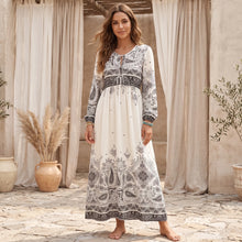 Load image into Gallery viewer, Bohemian Floral Print Maxi Dress V Neck Tie Long Sleeve Beach Holiday Dress
