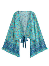 Load image into Gallery viewer, Boho Floral Print Rayon Kimono Top - Ruffle Flare Sleeve Tie Front Beach Cover-up