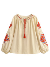 Load image into Gallery viewer, Vintage Floral Embroidered Cotton Linen Blouse - Boho Tassel Tie Neck Puff Sleeve Top