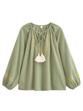 Load image into Gallery viewer, Golden Floral Embroidery ,Linen Cotton Blouse,Loose Boho Shirts