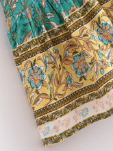 Load image into Gallery viewer, Green Floral Print ,Bohemian Mini Dress,Boho Dress