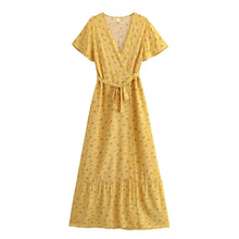 Load image into Gallery viewer, Yellow Sun Flower ,Bohemian Maxi Dress , Boho Wrap Dress