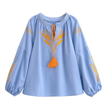 Load image into Gallery viewer, Wheat Embroidered, Linen Cotton Blouse,Lace-up Tassel Loose Boho Shirt