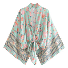 Load image into Gallery viewer, Bohemian Kimono, Boho Bikini Cover-ups,Green Stripe Floral