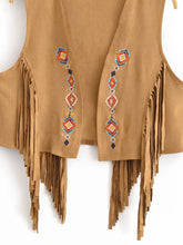 Load image into Gallery viewer, Women’s Faux Suede Fringe Vest - Bohemian Floral Embroidery Cowgirl Jacket with Rivets