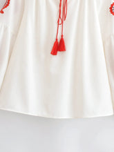 Load image into Gallery viewer, Vintage Floral Embroidered Cotton Linen Blouse - Boho Tassel Tie Neck Puff Sleeve Top