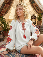 Load image into Gallery viewer, Vintage Floral Embroidered Cotton Linen Blouse - Boho Tassel Tie Neck Puff Sleeve Top