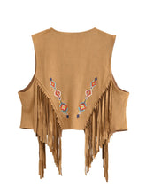 Load image into Gallery viewer, Women’s Faux Suede Fringe Vest - Bohemian Floral Embroidery Cowgirl Jacket with Rivets
