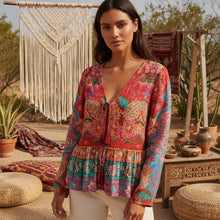 Load image into Gallery viewer, Boho Blouse, Vintage Blouse,Red Peacock