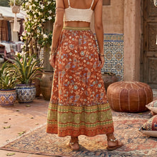 Load image into Gallery viewer, Terracotta Floral Tiered Bohemian Maxi Skirt - Summer Beach Skirt