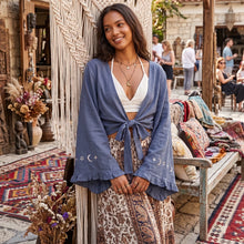 Load image into Gallery viewer, Star Moon Embroidery Short Bohemian Kimono Ruffles Flare Sleeves