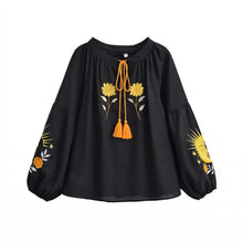 Load image into Gallery viewer, Sun and Floral Embroidery Linen Cotton Shirts Boho Blusas