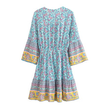 Load image into Gallery viewer, Blue Floral Print, Bohemian Mini Dress, Beach Boho Dress