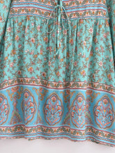 Load image into Gallery viewer, Green Floral Print ,Bohemian Mini Dress,Boho Dress