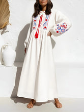 Load image into Gallery viewer, Floral Emberoidered, Linen Cotton Maxi Dress,Tassel Boho Dress