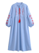 Load image into Gallery viewer, Retro Floral Emberoidered, Linen Cotton Vacation, Boho Maxi Dress