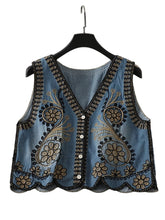 Load image into Gallery viewer, Denim Floral Embroidery ,Suspender Vest ,Sequin Waistcoat Streetwear