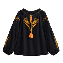 Load image into Gallery viewer, Wheat Embroidered, Linen Cotton Blouse,Lace-up Tassel Loose Boho Shirt