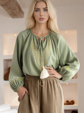 Load image into Gallery viewer, Golden Floral Embroidery ,Linen Cotton Blouse,Loose Boho Shirts