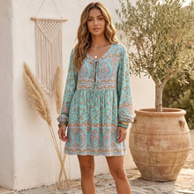 Load image into Gallery viewer, Boho Floral Print V-Neck Mini Dress - Long Sleeve Tassel Tie Tunic