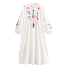 Load image into Gallery viewer, Floral Emberoidered, Linen Cotton Maxi Dress,Tassel Boho Dress