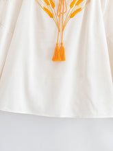 Load image into Gallery viewer, Wheat Embroidered, Linen Cotton Blouse,Lace-up Tassel Loose Boho Shirt