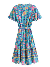 Load image into Gallery viewer, Green Wild Floral-Wrap Boho Mini Dress