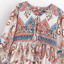 Load image into Gallery viewer, Vintage Floral Printed Women Tie Neck Lantern Sleeve Beach Holiday Maxi Dress
