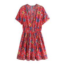 Load image into Gallery viewer, Red Floral Peacock,Bohemian Mini Dress,Boho Dress