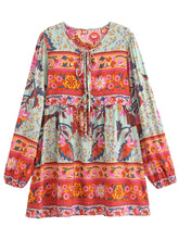 Load image into Gallery viewer, Green Floral Peacock,Bohemian Mini Dress,Boho Dress