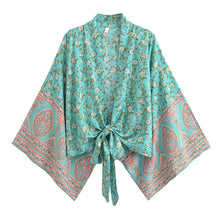 Load image into Gallery viewer, Bohemian Kimono, Boho Bikini Cover-ups,Green Floral Print
