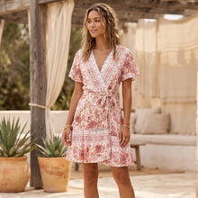 Load image into Gallery viewer, Green Wild Floral-Wrap Boho Mini Dress