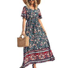 Load image into Gallery viewer, Wild Floral Print ,Short Sleeve Maxi Dress ,Rayon Boho Dress