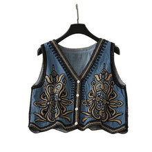 Load image into Gallery viewer, Denim Floral Embroidery ,Suspender Vest ,Sequin Waistcoat Streetwear