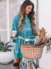 Load image into Gallery viewer, Green Floral Print ,Batwing Sleeve ,Boho Dress