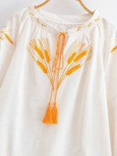 Load image into Gallery viewer, Wheat Embroidered, Linen Cotton Blouse,Lace-up Tassel Loose Boho Shirt