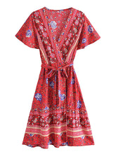 Load image into Gallery viewer, Green Wild Floral-Wrap Boho Mini Dress